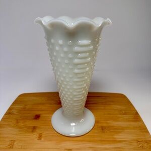Vintage Milk Glass Hobnail Pedestal Vase Ruffled Rim Cottagecore Decor